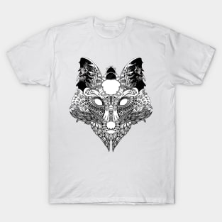 Fox black and white illustration line art design by shoosh T-Shirt